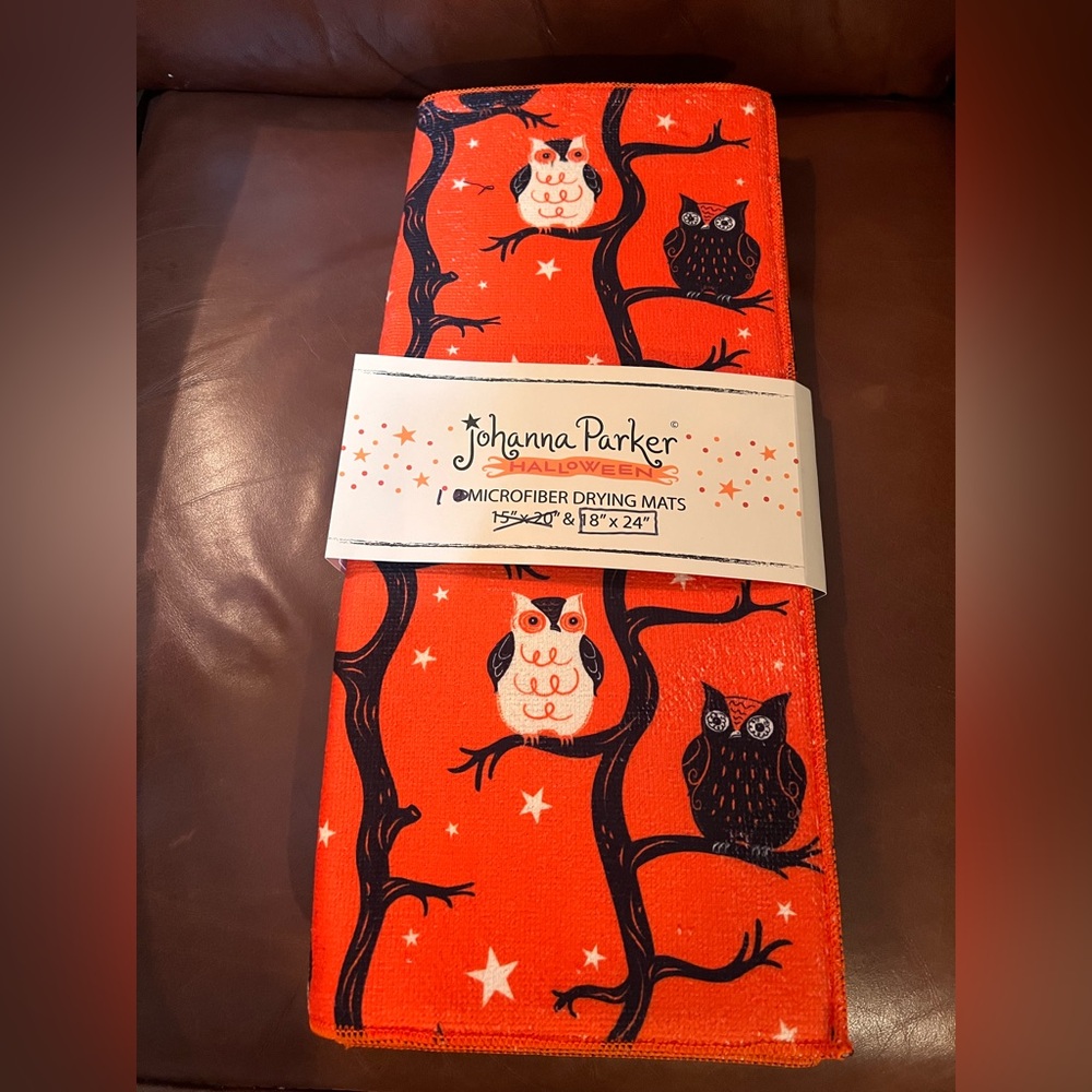 JOANNA PARKER Halloween Kitchen Drying Mat Orange & Black Hooty Owls NWT